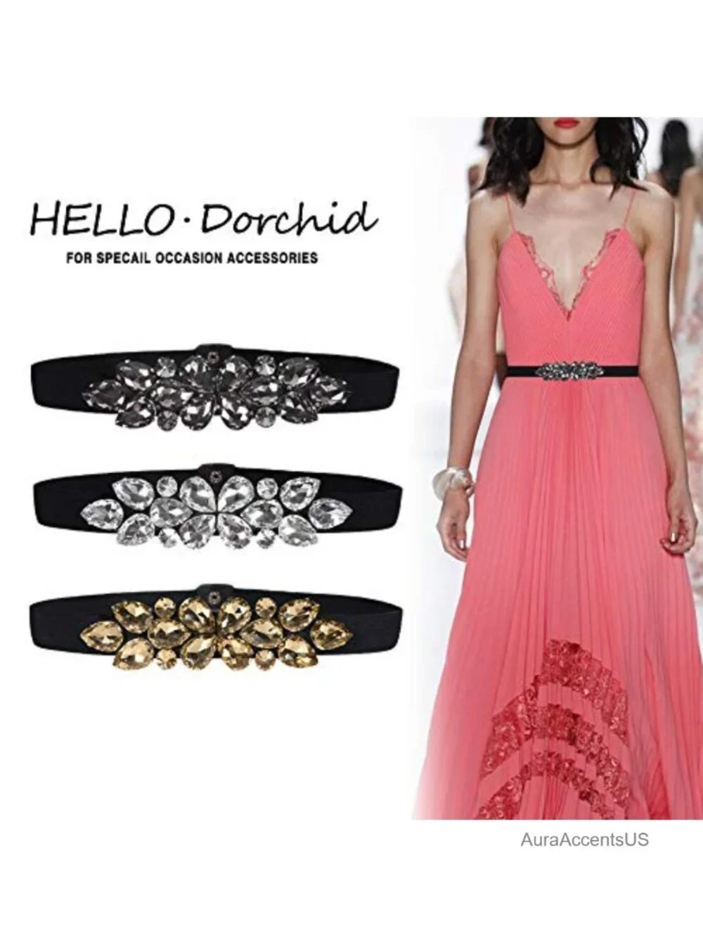 Rhinestone Stretch Beaded Skinny Elastic Waist Belt with Adjustable Slips